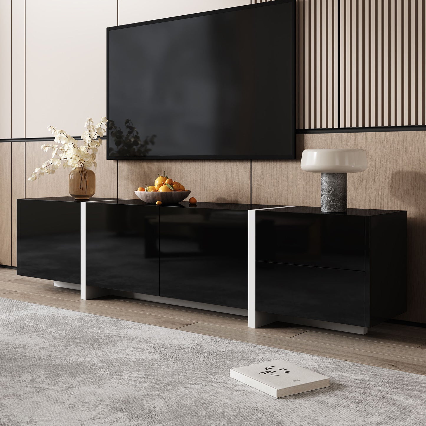Modern TV Cabinet with High Gloss Finish and LED Light Strip, Ample Storage Space, Easy Assembly, 67" L x 11.5" W x 11.5" H, Black