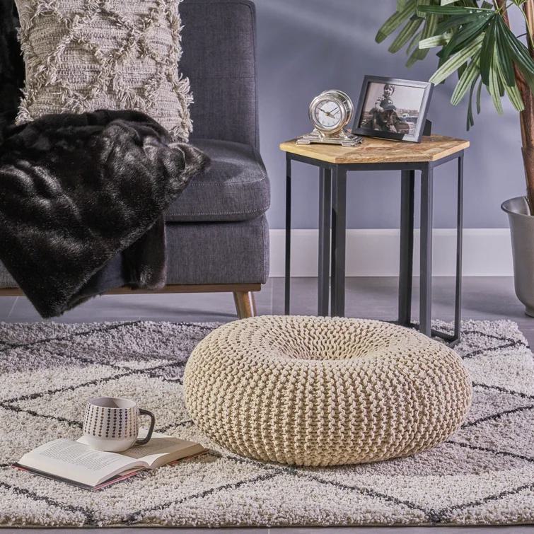 Everett Knitted Cotton Donut Pouf Crafted from 100% Cotton, Seating with Versatile Footrest or Extra Seat, 24.5" L x 24.5" W x 11" H, Beige
