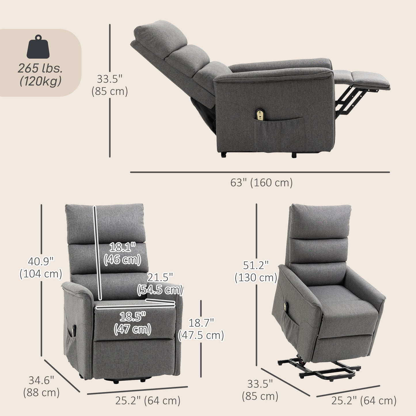 Lift Chair for Elderly, Power Chair Recliner with Remote Control, Side Pockets for Living Room, Dark Grey
