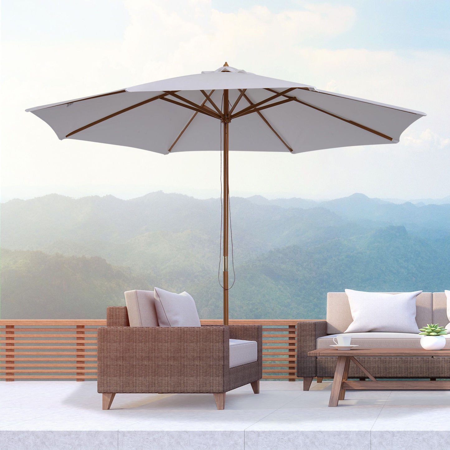 10' x 8' Bamboo Wooden Round Market Patio Sun Umbrella, Garden Parasol, Outdoor Sunshade Canopy, White