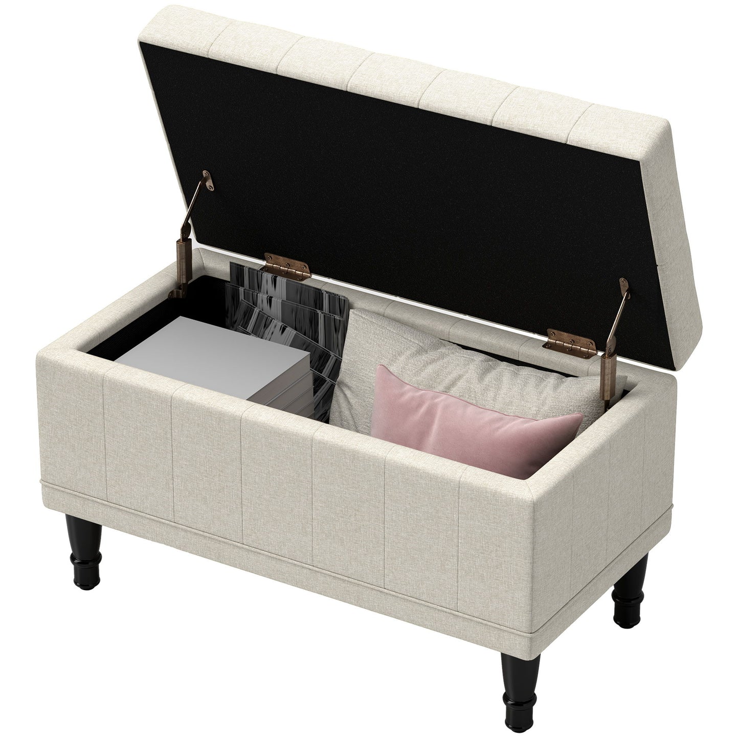 Storage Ottoman, Linen Fabric End of Bed Bench with Button Tufted Storage Bench for Bedroom, Beige