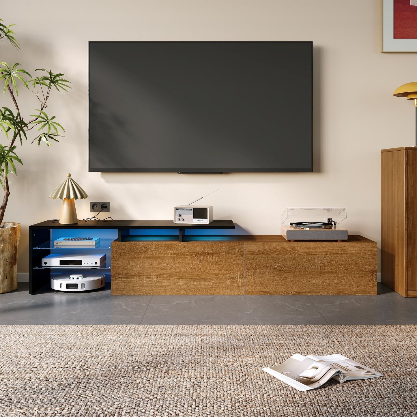 Modern TV Stand with Glass Shelves and LED Lighting, Stylish Storage Solution, Modern and Stylish Design, 67" L x 13" W x 13" H, Black+Natural