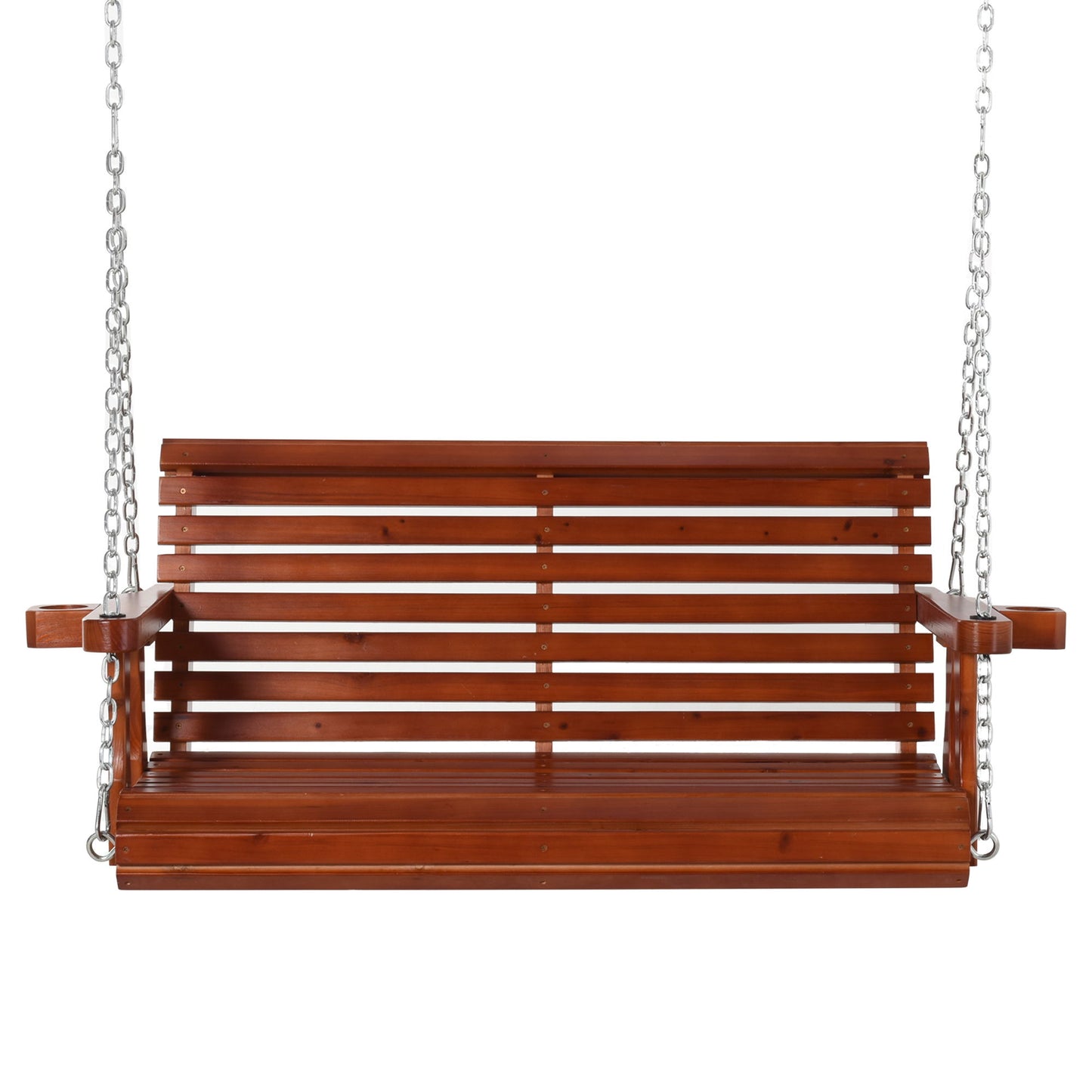 2 Seater Porch Swing Wooden Patio Swing Chair with Cup Holder and Chains Outdoor Swing Bench for Garden Yard, Brown