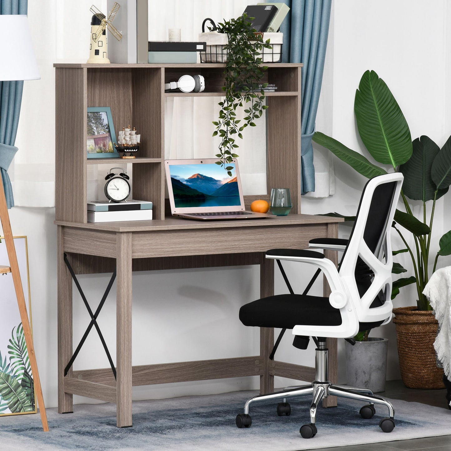 Computer Desk with Hutch, Home Office Table with Storage Shelves and Open Compartments for Writing, Work, Brown