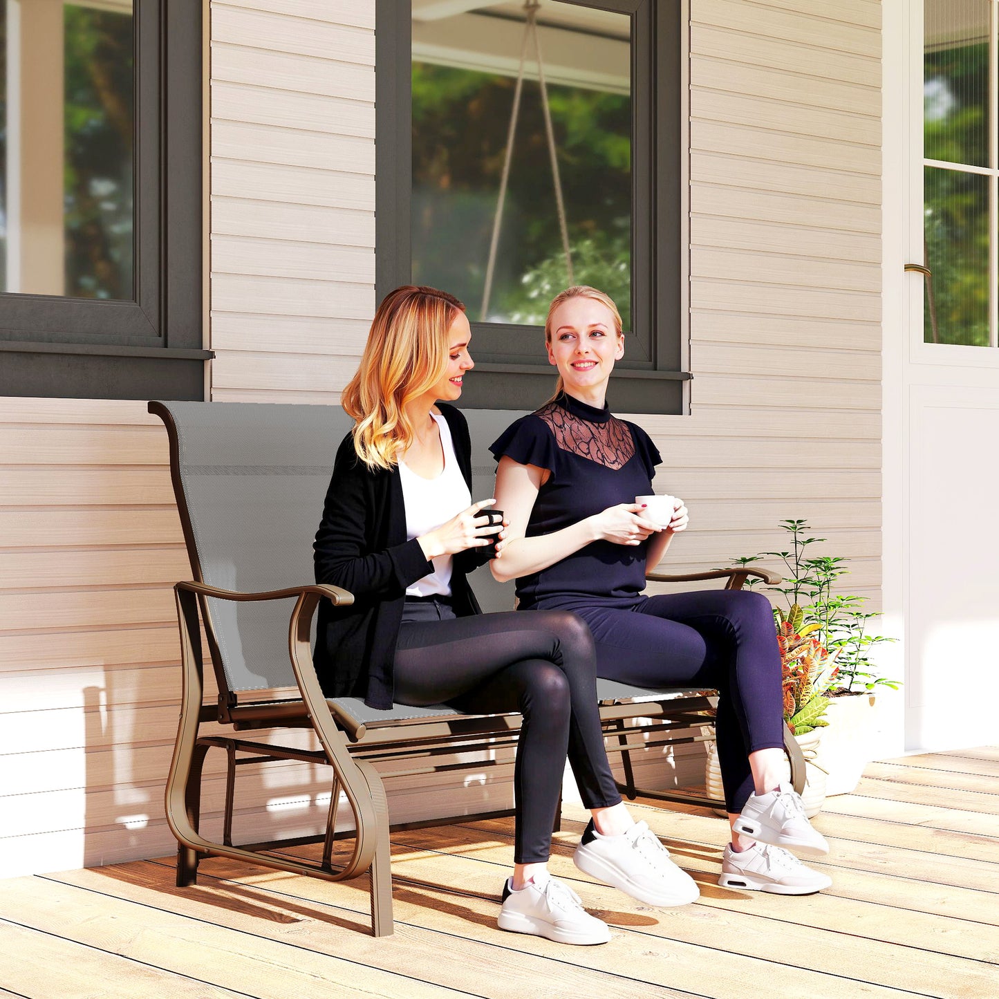 Garden Double Gliding Chair, Patio Glider Armchair for Outdoor, Backyard Mesh Seat and Backrest, Steel Frame, Light Grey