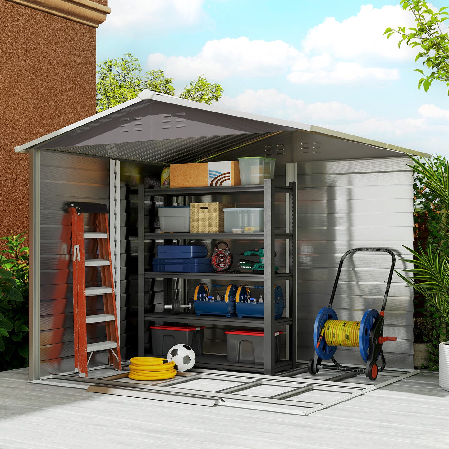 8' x 7' Outdoor Storage Shed, Easy to Assemble, Upgraded Galvanized Metal Garden Shed with Lockable Doors, Floor Frame and Gloves for Backyard, Lawn, Patio, Light Grey