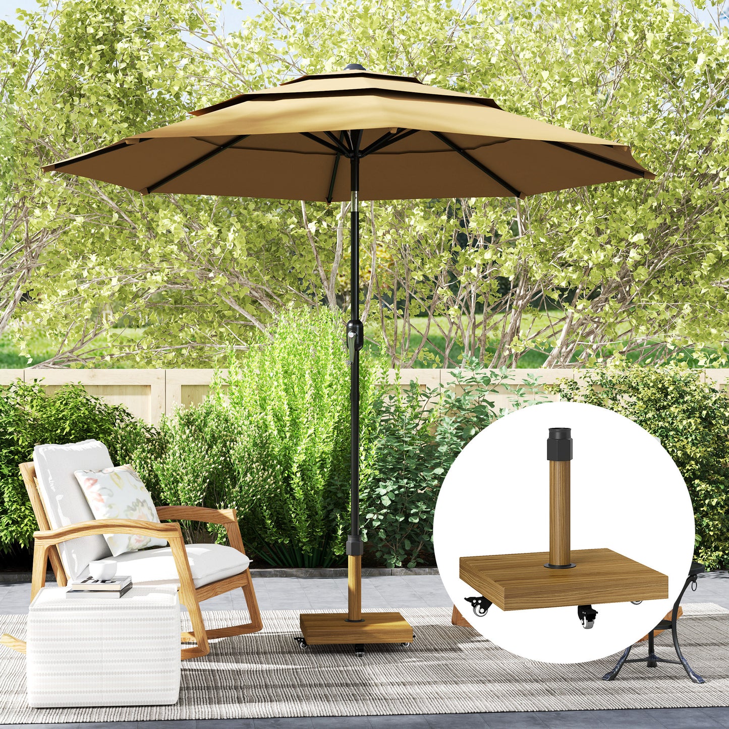 57 lbs Metal Square Patio Umbrella Base Holder, Outdoor Umbrella Stand with Wheels, Heavy Duty Patio Umbrella Stand Base for Garden, Poolside, Nature Wood