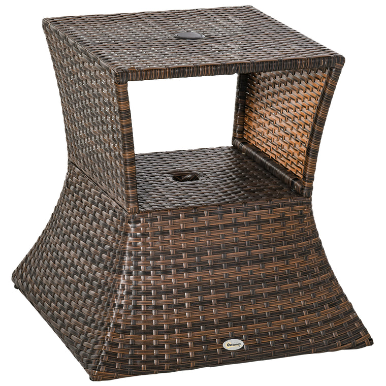 Mixed Brown Wicker Side Table with 2-Tier Storage