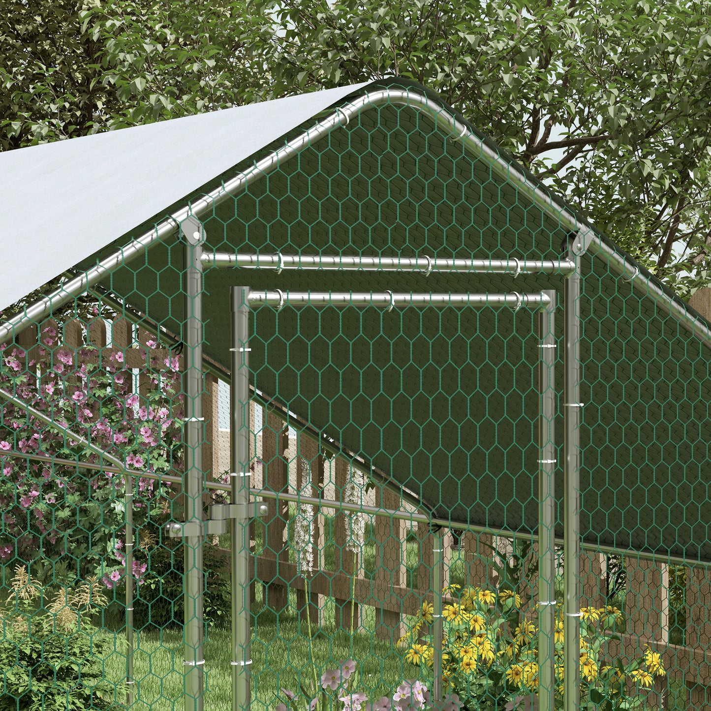 Metal Chicken Coop with Water- and UV-Protection Cover for Backyard Hen, Duck, Rabbit, 9.8' x 32.8' x 6.4'