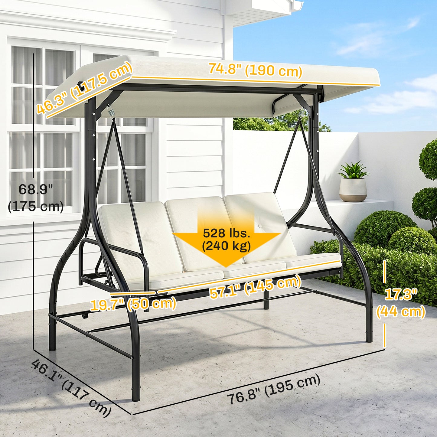 Convertible Patio Swing Bed with Canopy and Cushions, 3 Seater Porch Swing for Outdoor, Backyard, Garden, Beige