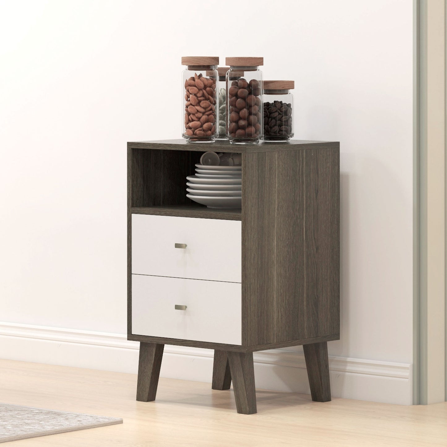 Nightstand Set of 2, Modern Bedside Table, Night Stand for Living Room with 2 Drawers and Open Storage, Grey