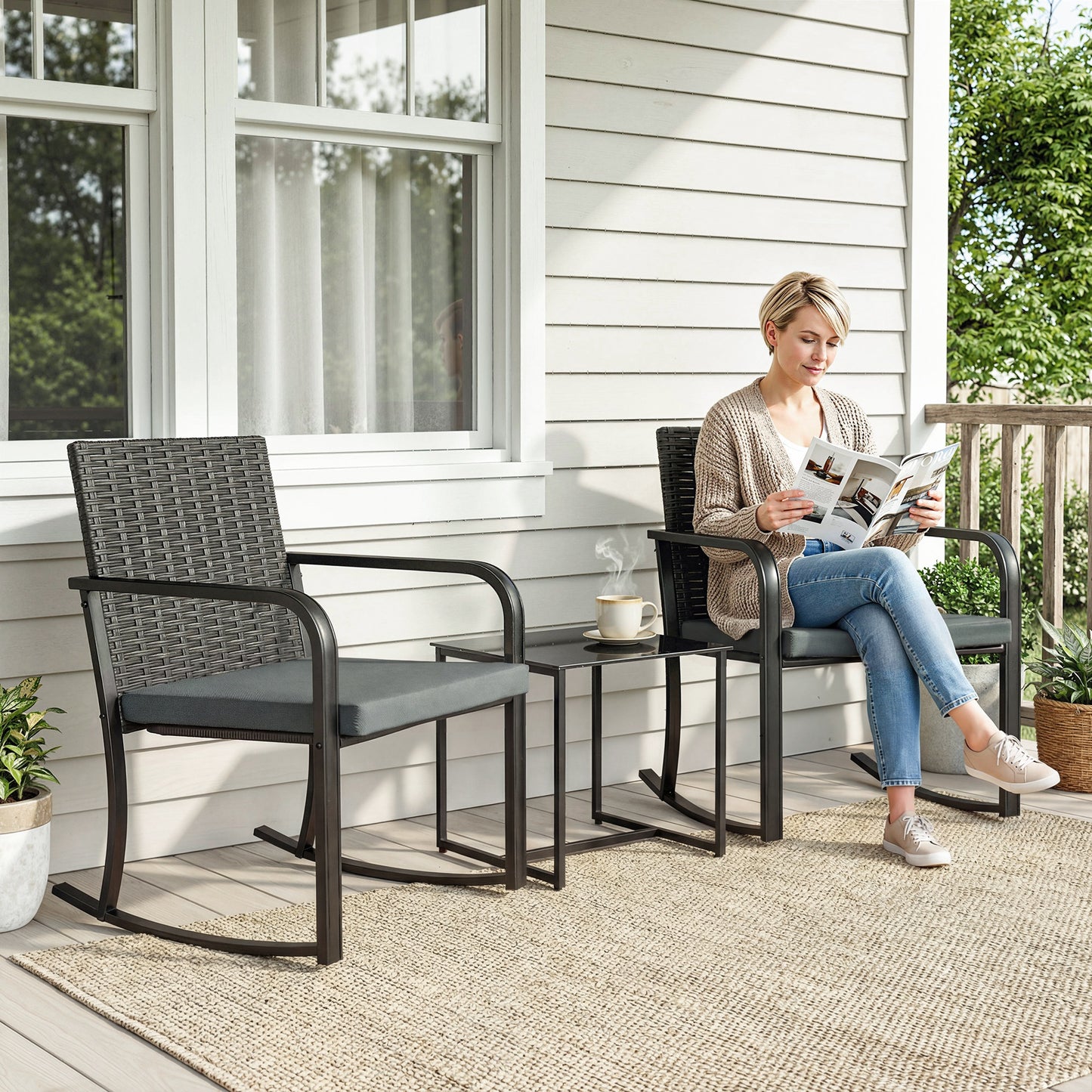 3 Pieces Rocking Bistro Set Outdoor Patio Furniture Set with Cushions, Glass Coffee Table for Balcony, Cream White - Grey