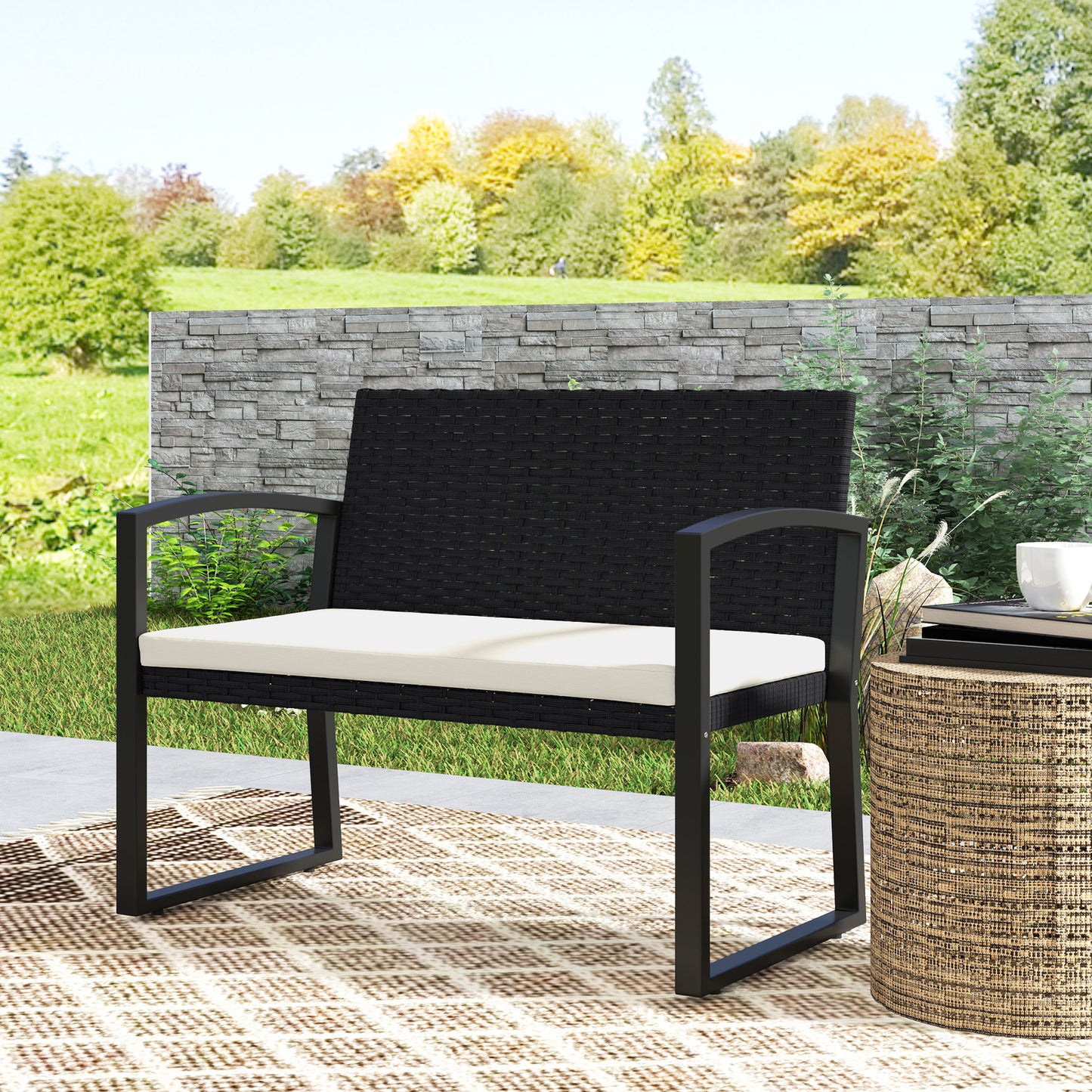 2 Seater Outdoor Bench, Rattan Garden Bench Loveseat with Cushion, Armrests, Steel Frame for Patio, Porch, Beige