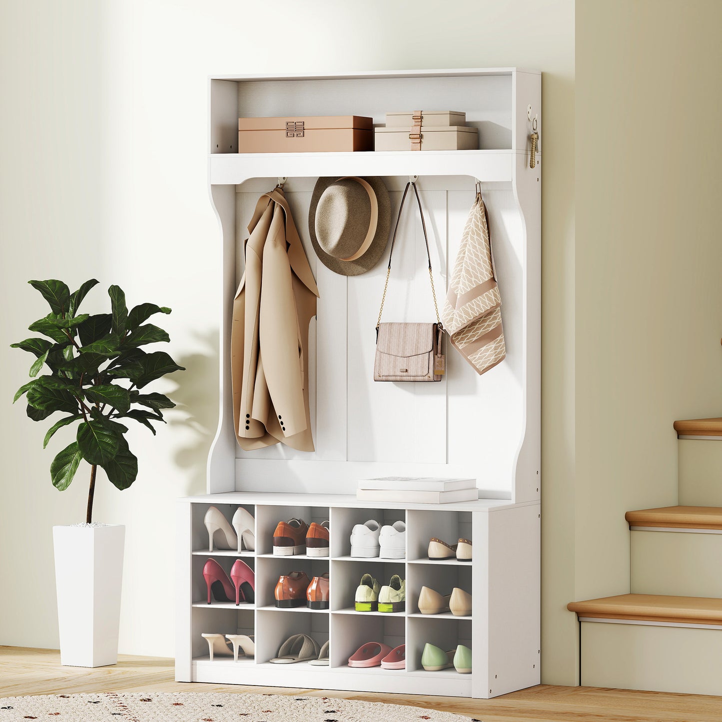 4-In-1 Hall Tree with Bench and Shoe Storage, Farmhouse Coat Rack Shoe Bench with 12 Shoe Cubbies, 6 Hooks, White