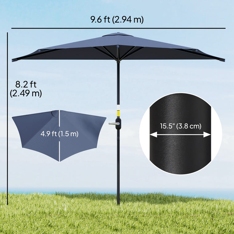 9.8' Dark Blue Half-Round Patio Umbrella with Crank Handle
