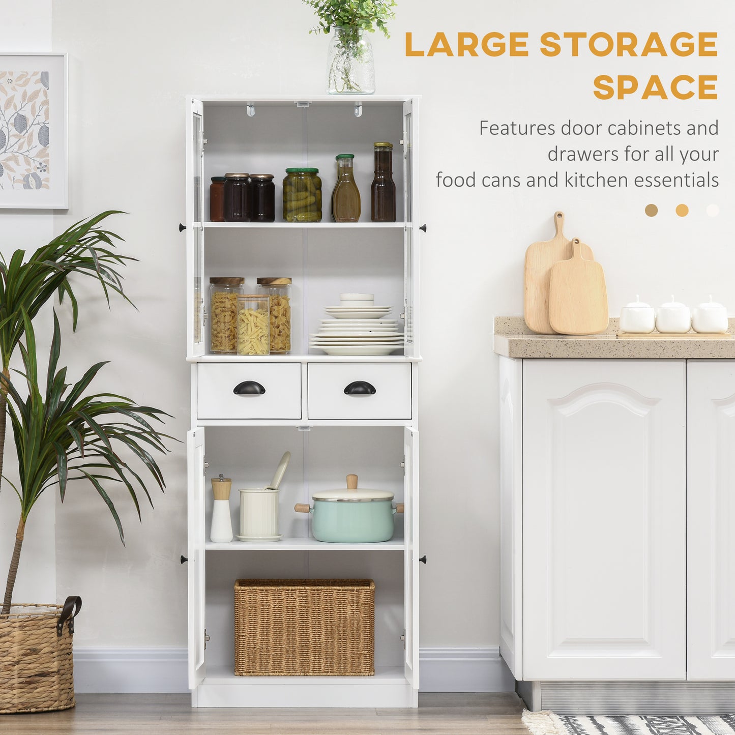 61" Kitchen Pantry Cabinet, Freestanding Farmhouse Buffet Storage Cabinet with Soft Close Glass Doors and Adjustable Shelves, White