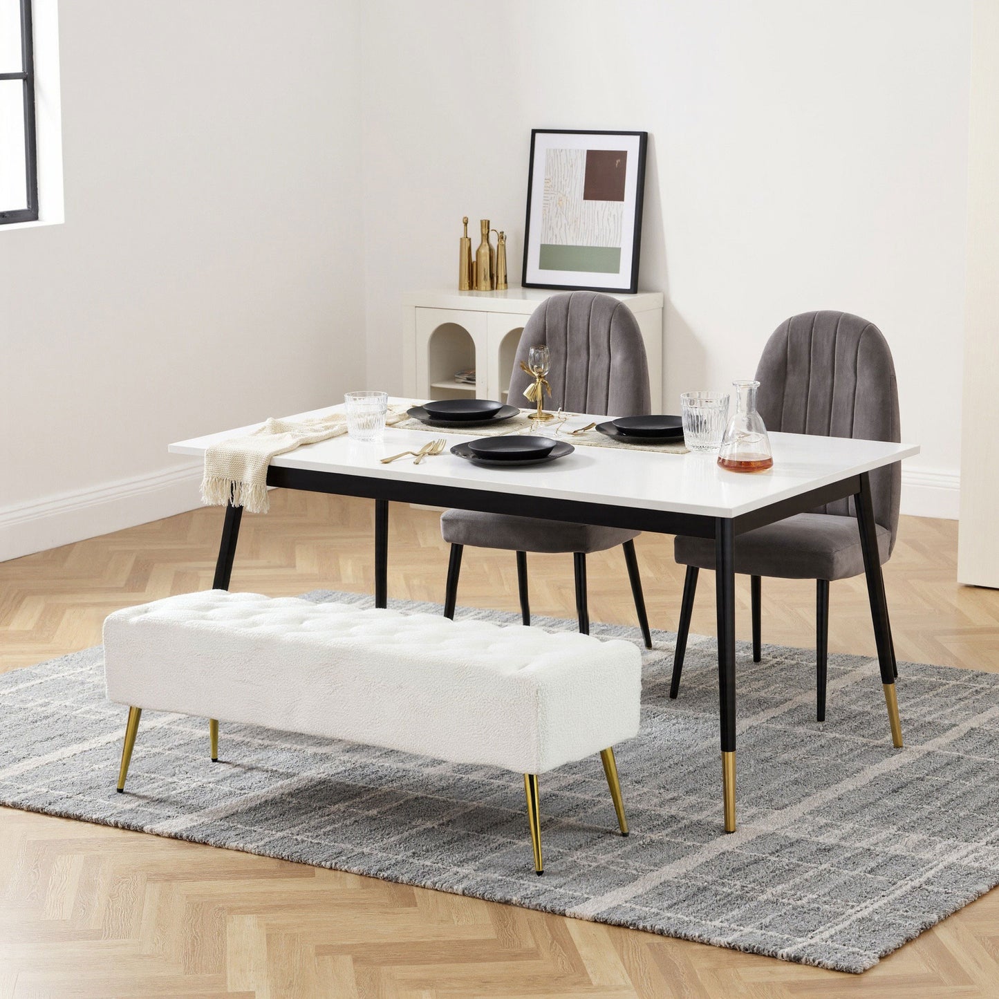 44" Lamb's Wool-Feel Upholstered Bedroom Bench, End of Bed Bench with Thick Padded Cushion and Steel Legs, Cream White