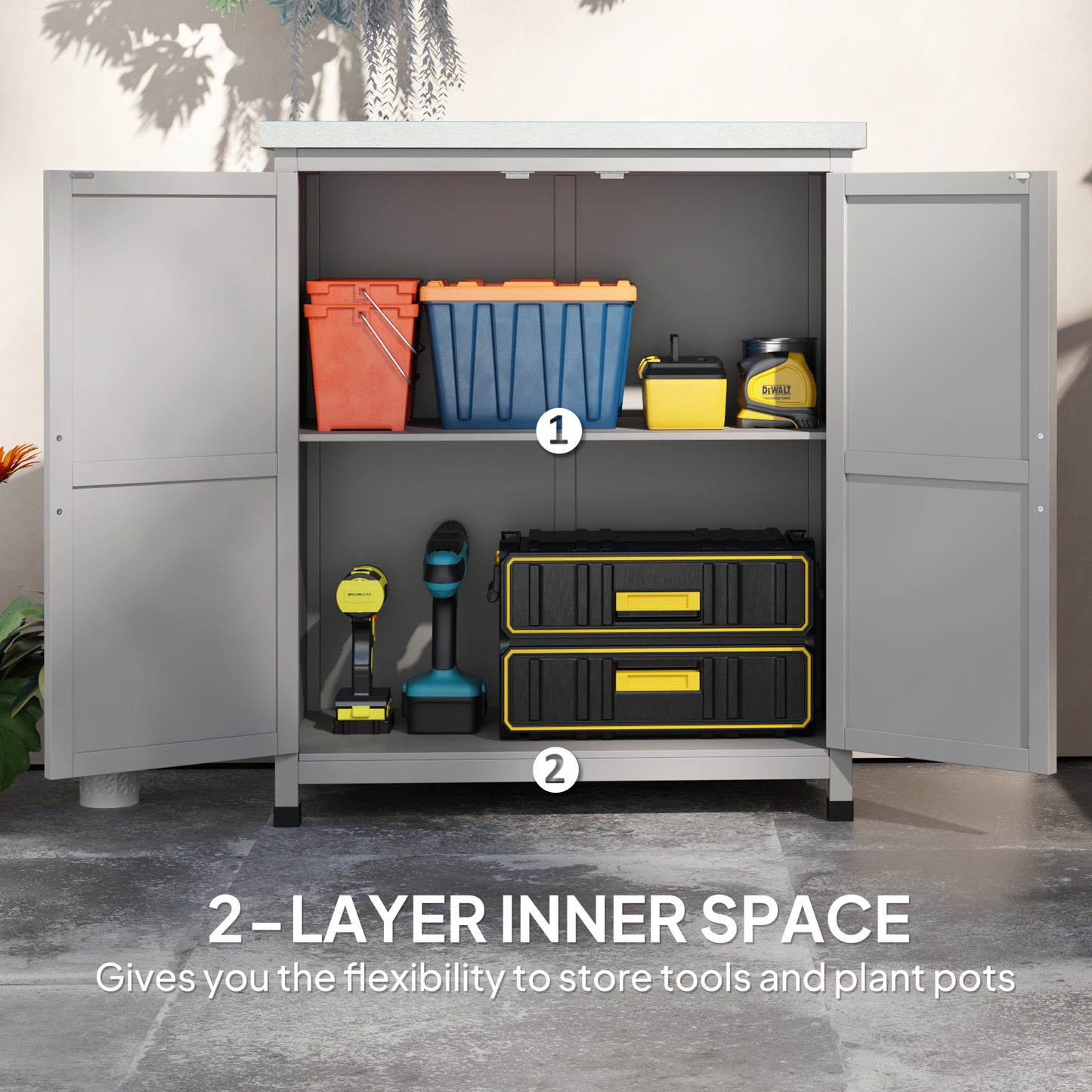 Garden Storage Cabinet, Outdoor Potting Bench Table with Metal Tabletop, Shelf and Double Doors, Grey