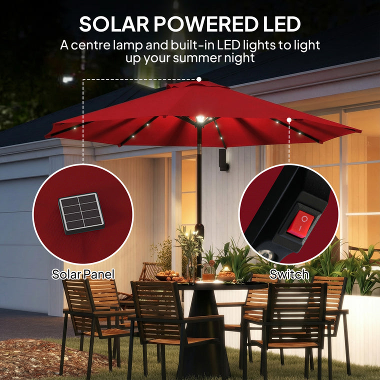 9' Wine Red Solar Patio Umbrella with 24 LED Lights
