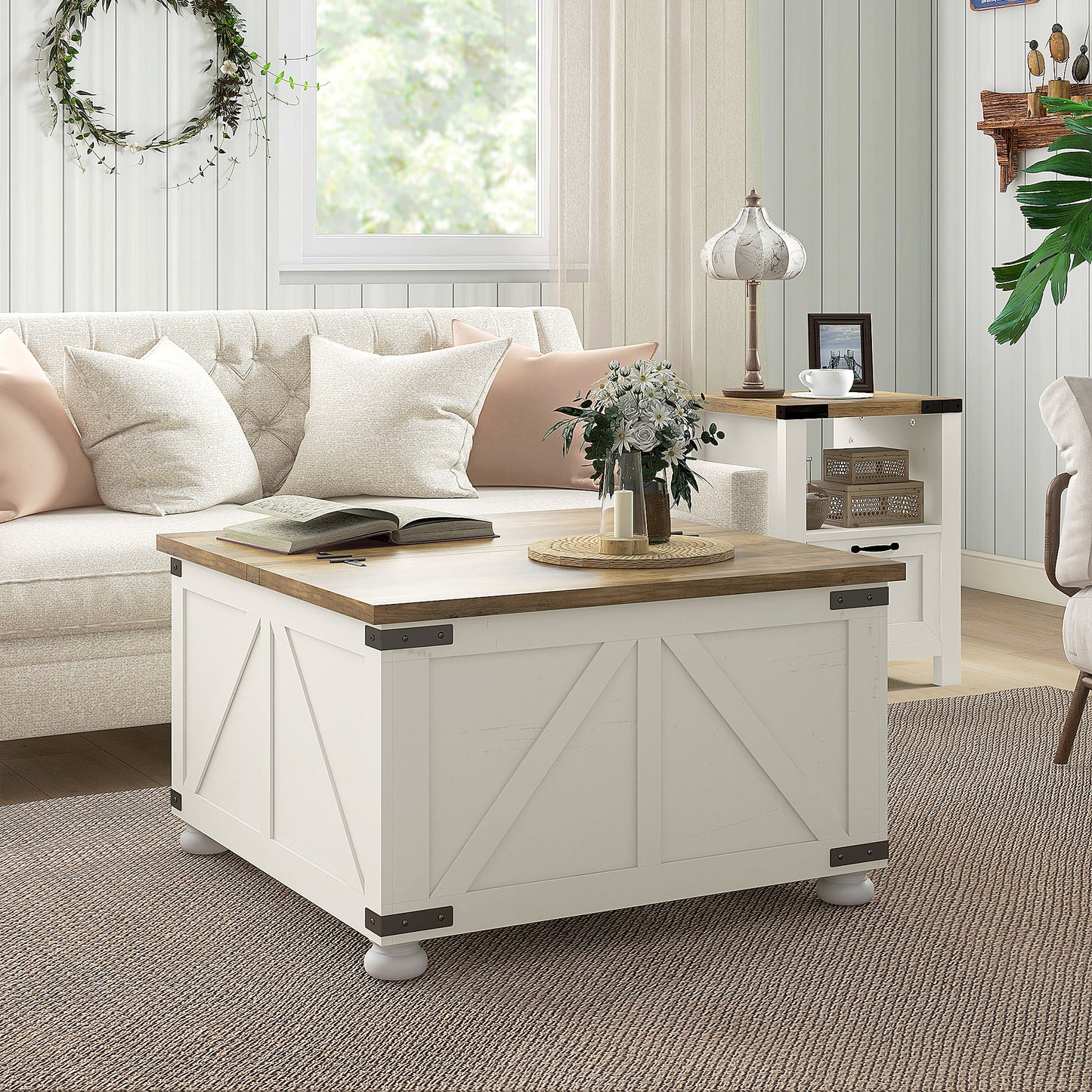 Farmhouse Coffee Table, Square Center Table with Flip-top Lids, Hidden Storage Compartment and Wooden Legs, Antique White