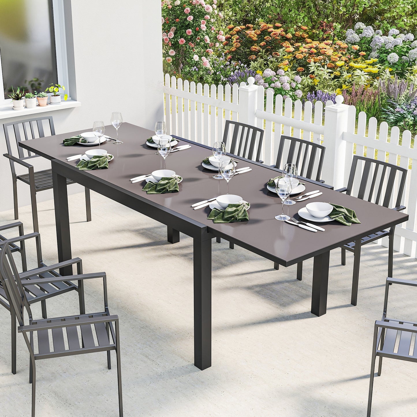 Expandable Outdoor Dining Table, 55"-95" Patio Table with Tempered Glass Top and Aluminum Frame, Black