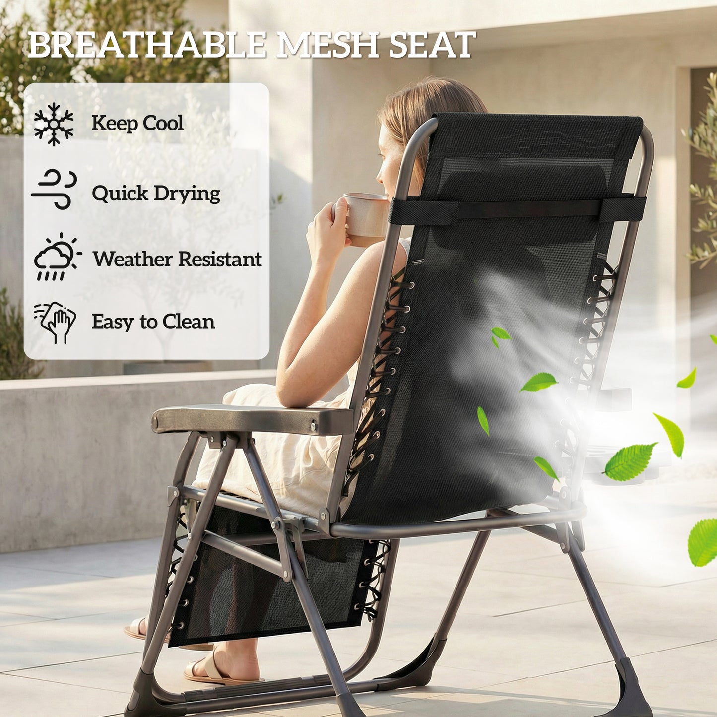 Zero Gravity Chair Set of 2, Folding Reclining Outdoor Lounge Chair with Cup Holder, Headrest, Black
