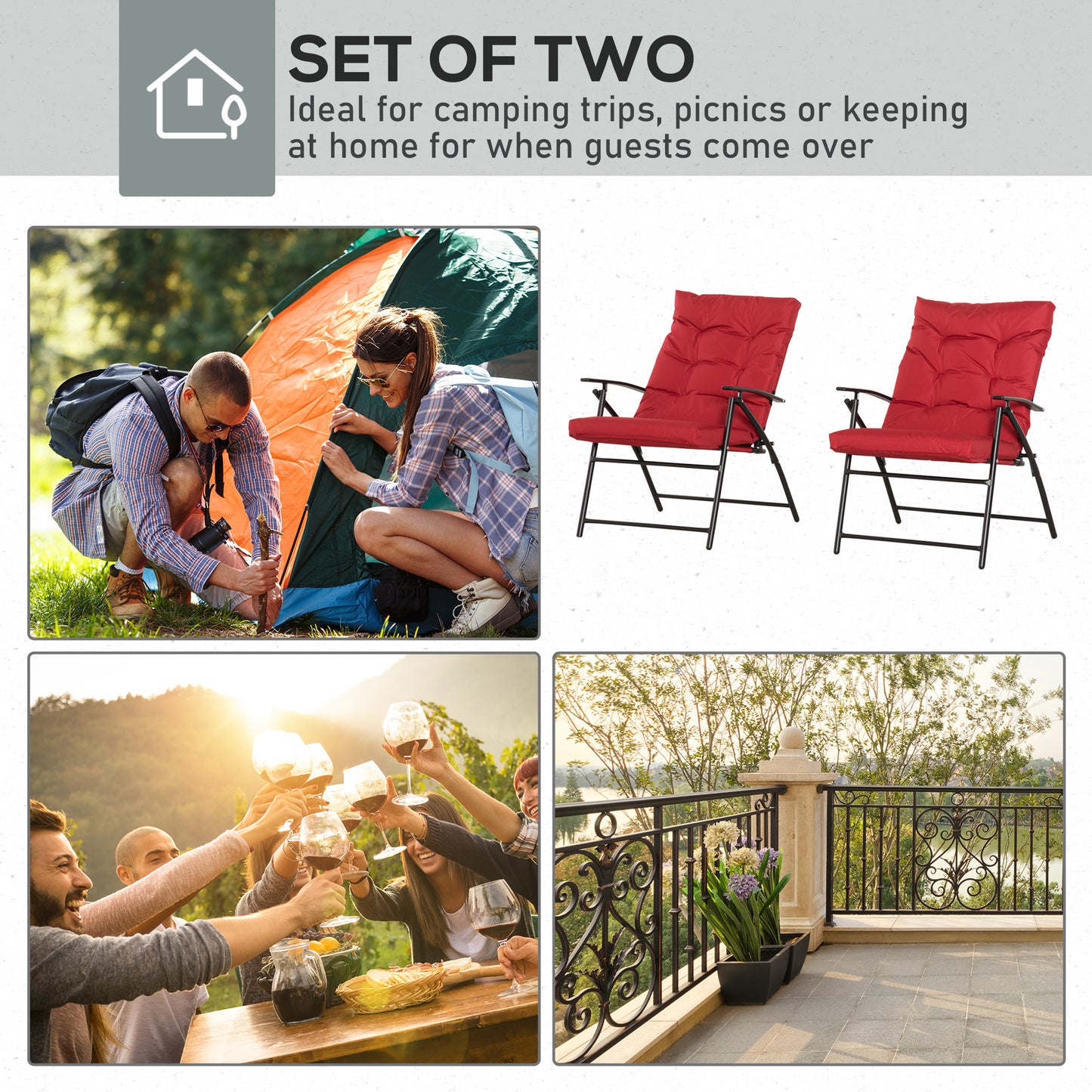 Set of 2 Outdoor Folding Chairs with Adjustable Backrest, Padded Camping Chairs for Outdoor Events, Grey