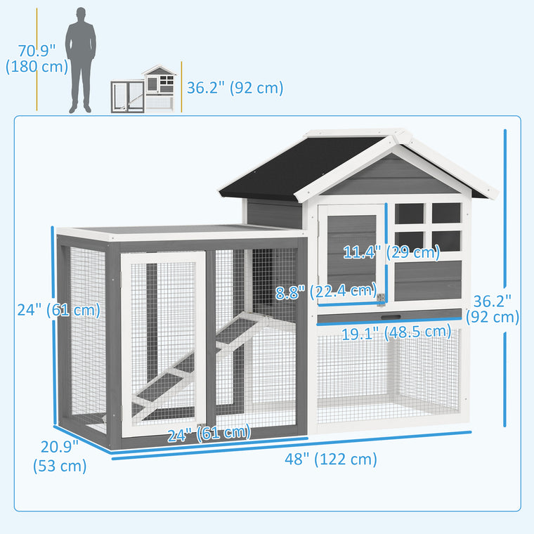 49" Grey Wooden Rabbit Hutch with Slant Roof & Run