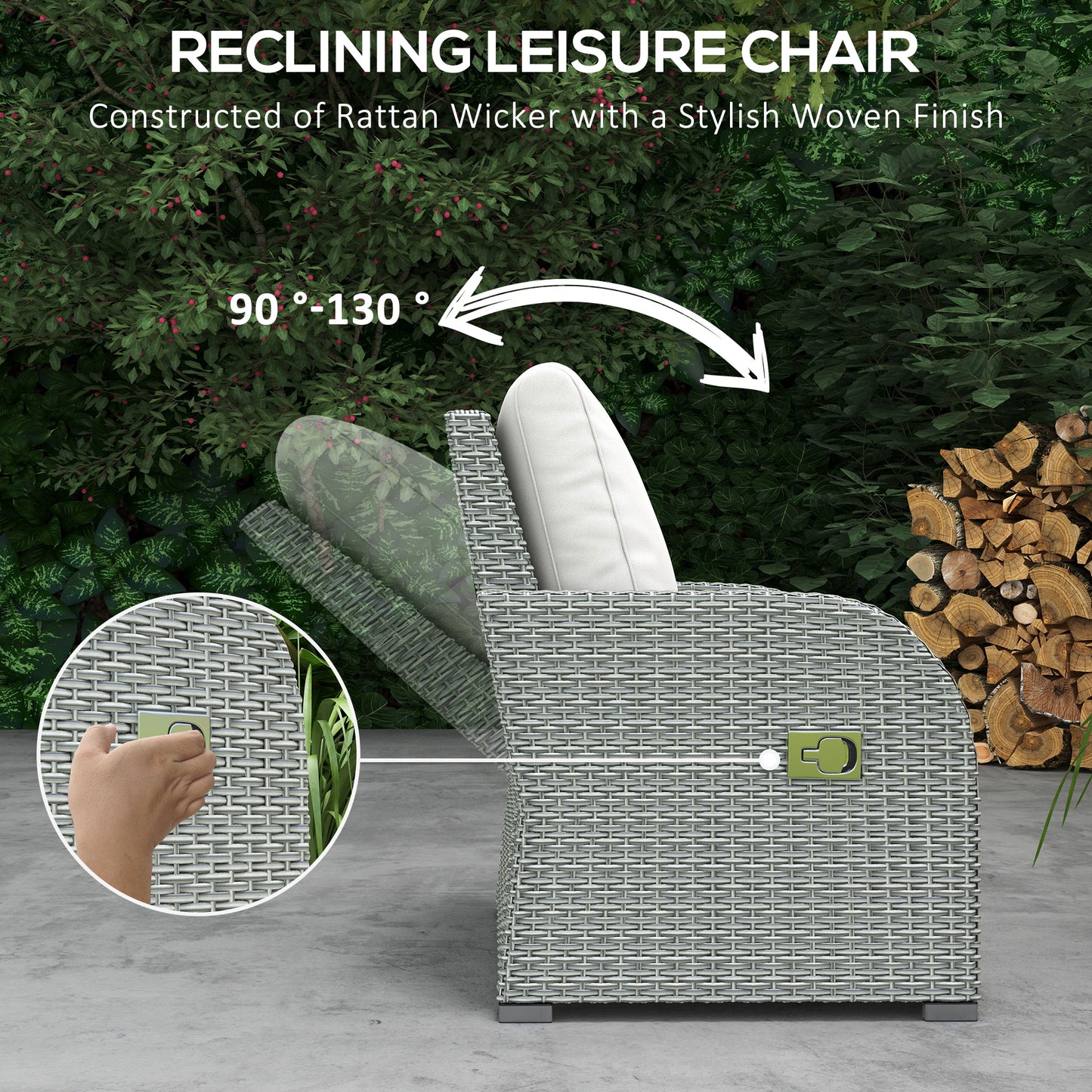 6 Pcs Patio Furniture Set with Wicker Recliner Chairs, PE Wicker Sectional Sofa Set with a 3-Seat Sofa, 2 Footstools, Table, 2 Recliner Chairs, Grey