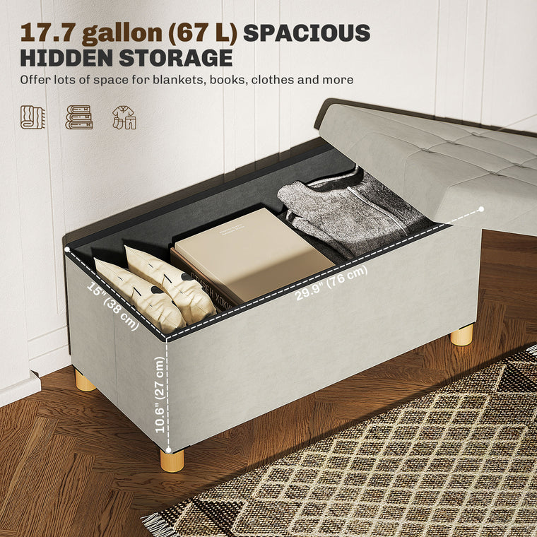 Foldable Velvet Storage Ottoman with Wood Legs