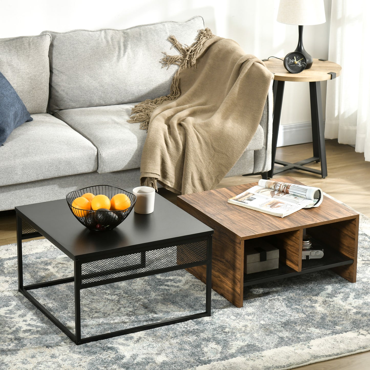 Coffee Table Set of 2, Industrial Nesting Tables, Square Coffee Table and Narrow Sofa Side Table for Living Room
