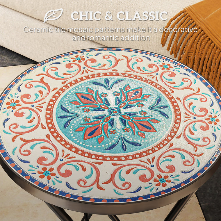14" Round Mosaic Folding Coffee Table with Steel Frame
