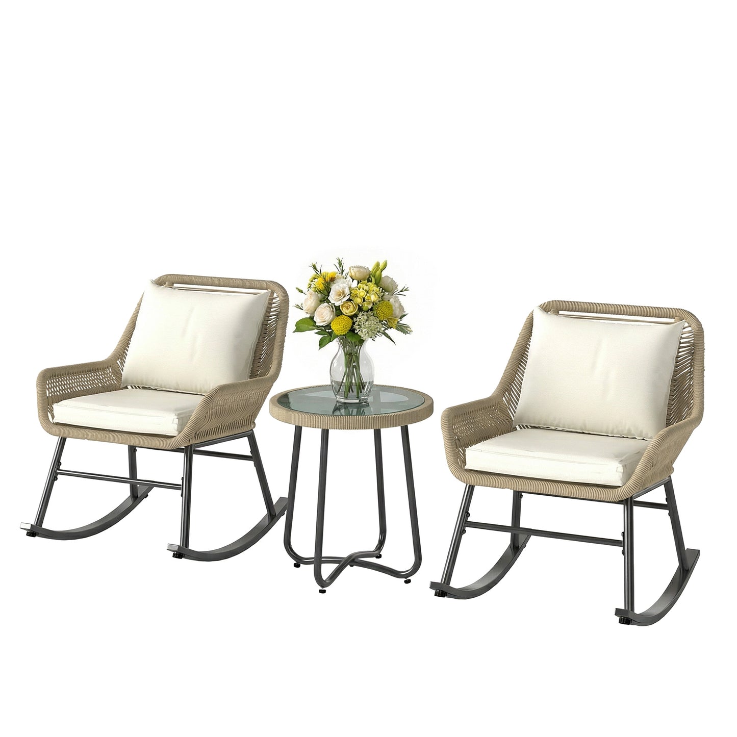 3 Piece Rocking Bistro Set Outdoor Patio Furniture Set with Cushions, Glass Coffee Table for Balcony, Cream White