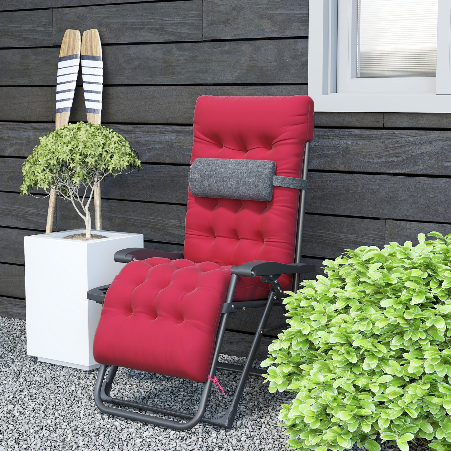 Padded Zero Gravity Chair, Folding Recliner Chair, Patio Lounger with Cup Holder, Adjustable Backrest, Removable Cushion for Outdoor, Deck, Poolside, Red