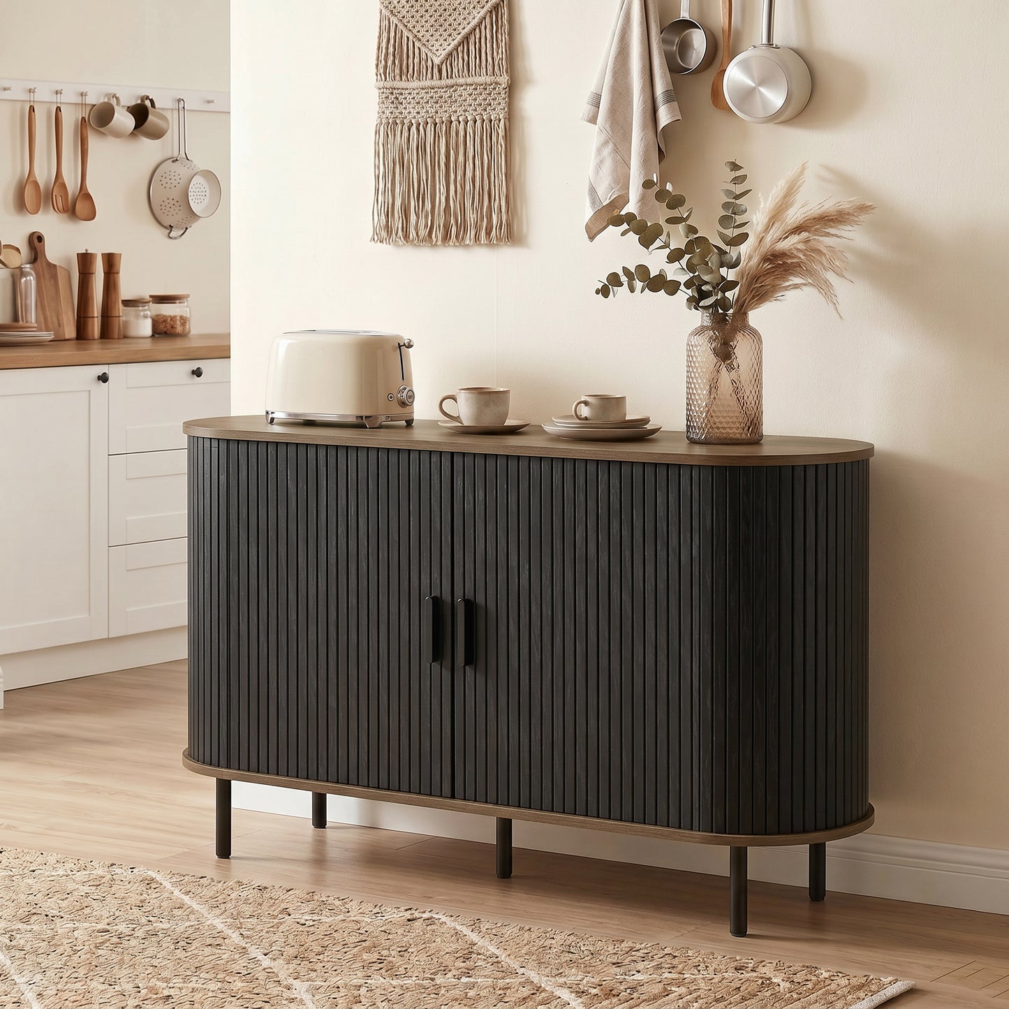 Fluted Sideboard Buffet Cabinet, 55" Mid Century Coffee Bar Cabinet with Sliding Doors and Adjustable Shelves, Black