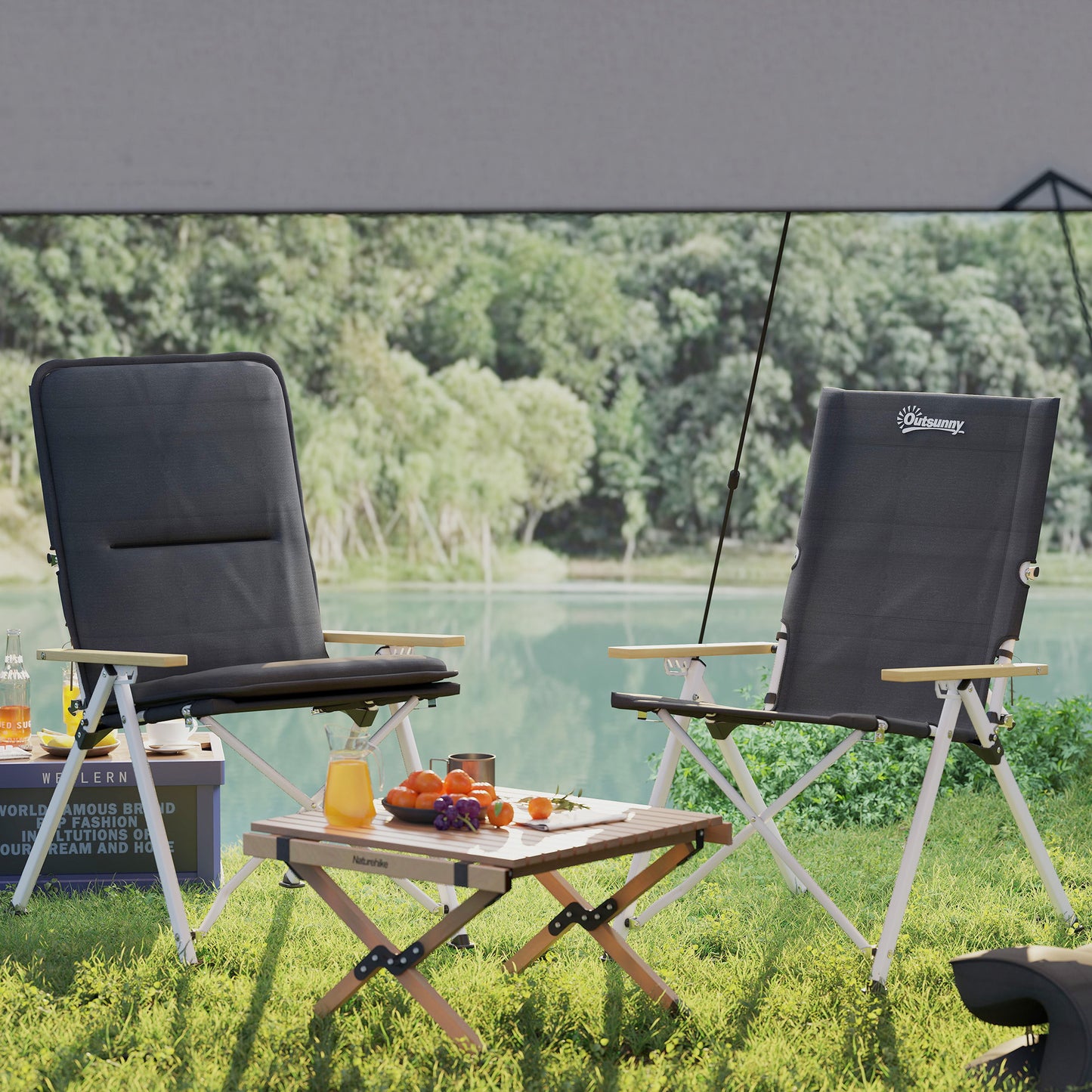Camping Chairs 2 Pack, Portable Folding Camp Chair with Padded Seat and Bag, Outdoor High Back Recliner, Black