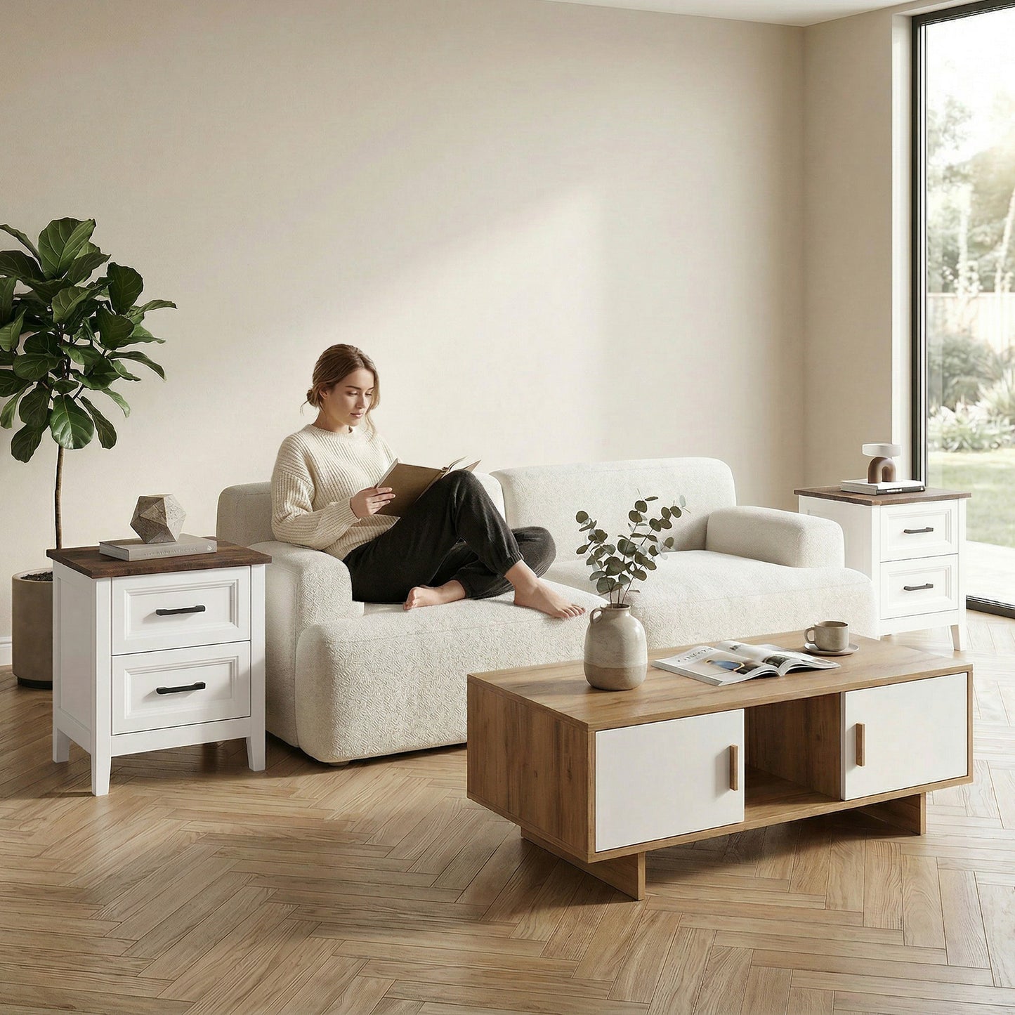 Farmhouse Nightstand Set of 2, Bedside Tables with 2 Drawers, Wood-Effect Top, White