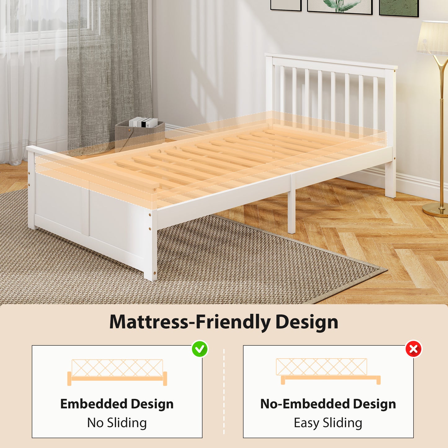 Pine Twin Bed Frame, Wood Storage Bed Frame with Drawers, Wood Slat Support, No Box Spring Needed, Easy Assembly, White