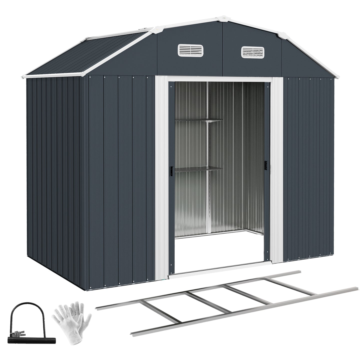 8' x 4' Galvanized Outdoor Storage Shed, Garden Shed with Adjustable Shelves, Double Sliding Doors and Vents