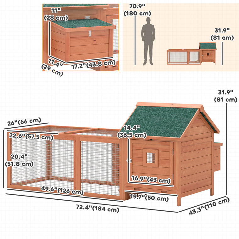 72" Wooden Chicken Coop with Run & Nesting Box