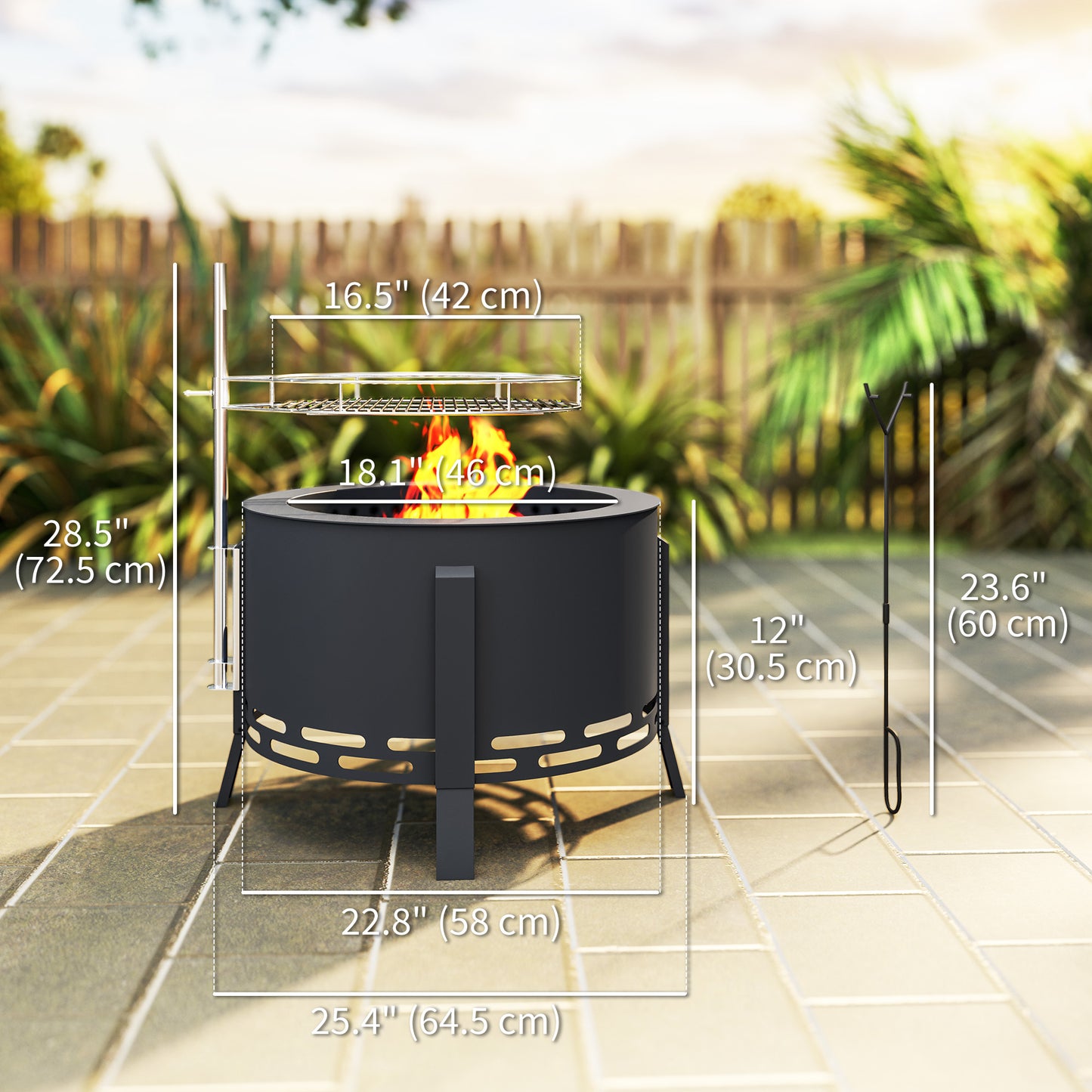 Outdoor Fire Pit, Round Firepit with Grill Grate, Fire Bowl with Ash Catcher and Poker for Backyard Camping Bonfire Picnic, Black