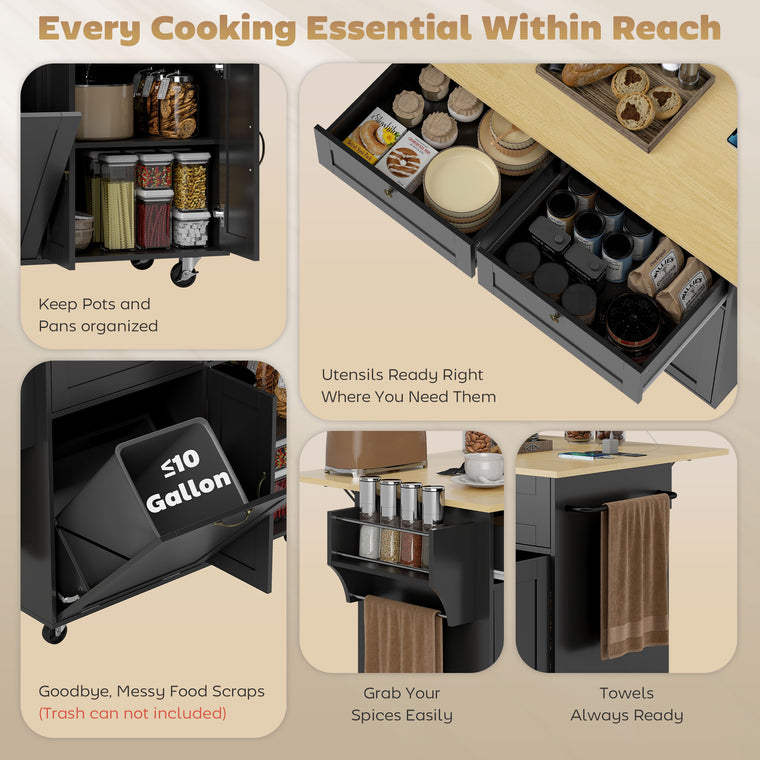 Kitchen Island Cart with Charging Station and Drop Leaf