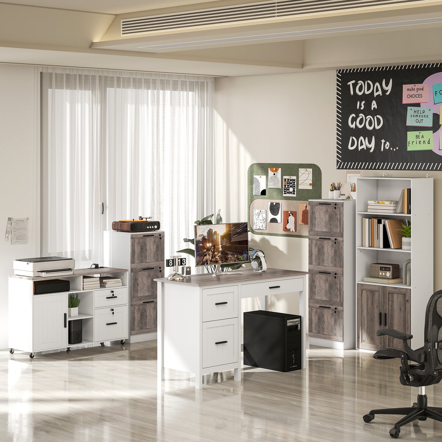 Mobile Printer Stand with Charging Station and USB Ports, Locking Filing Cabinet for A4 and Letter Size, White