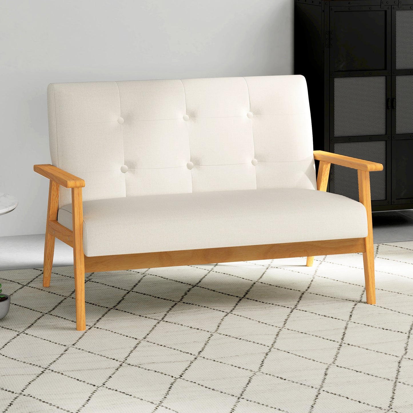 45" 2 Seat Sofa, Upholstered Two Seater Couch with Rubber Wood Legs for Bedroom, Living Room, Beige
