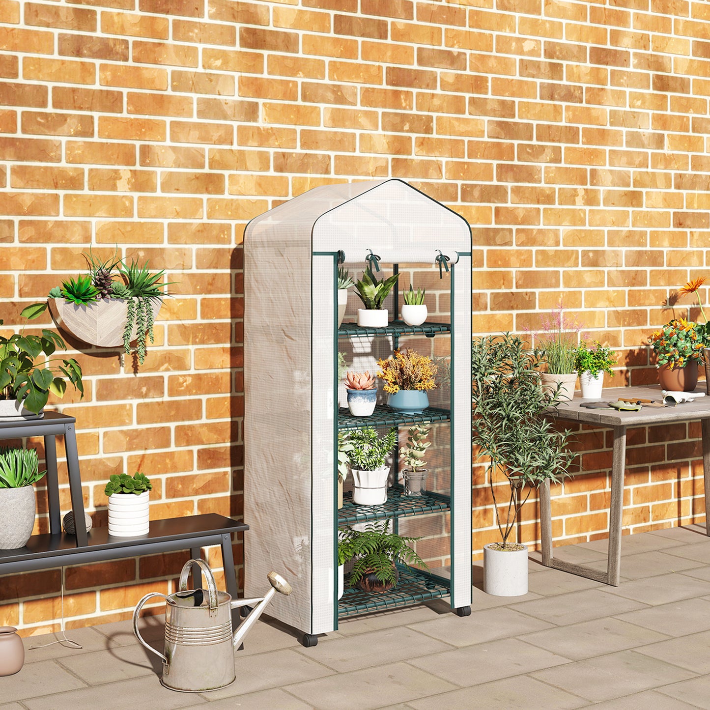 Portable Greenhouse, Outdoor Hot House Plant Flower Greenhouse with 4 Tier Shelves, PE Cover, White