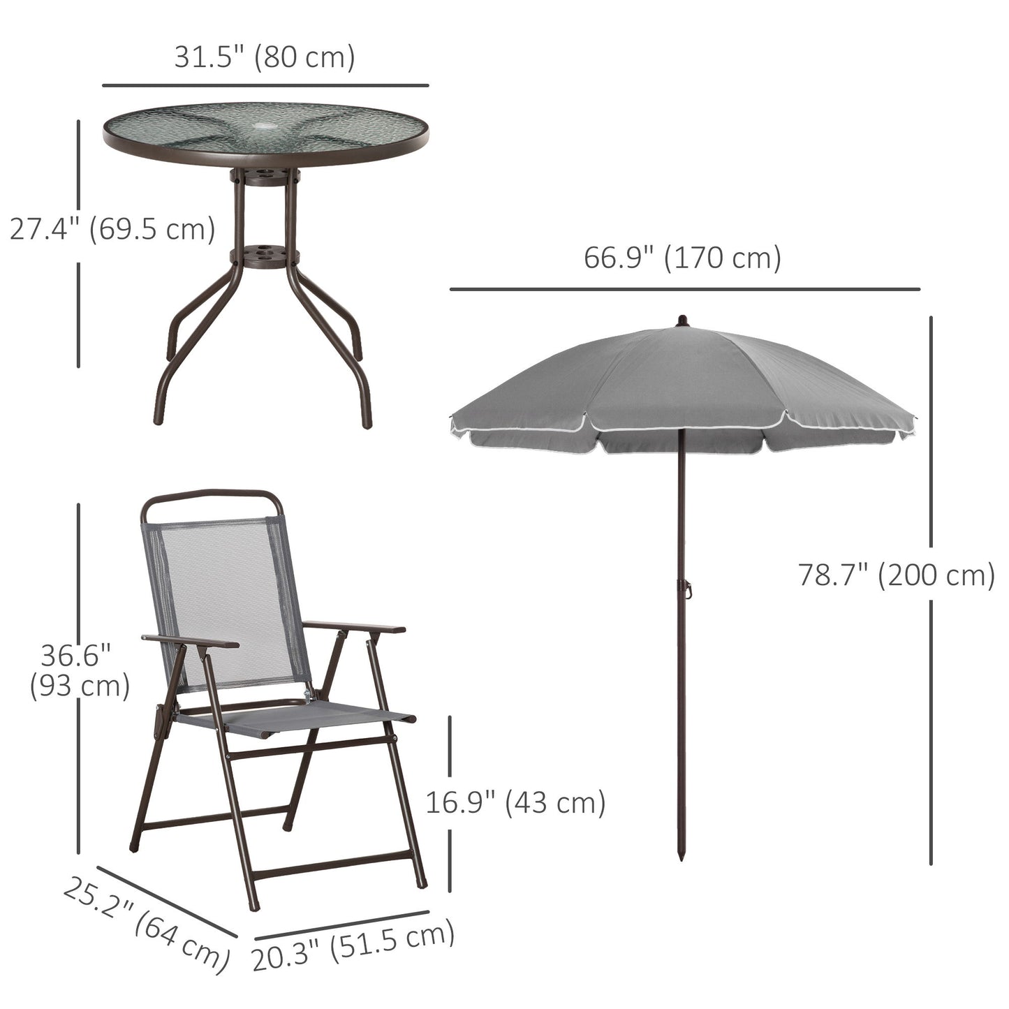 6 Pieces Outdoor Dining Set for 4 with Umbrella Patio Outdoor Furniture Set with Round Table 4 Folding Chairs Grey