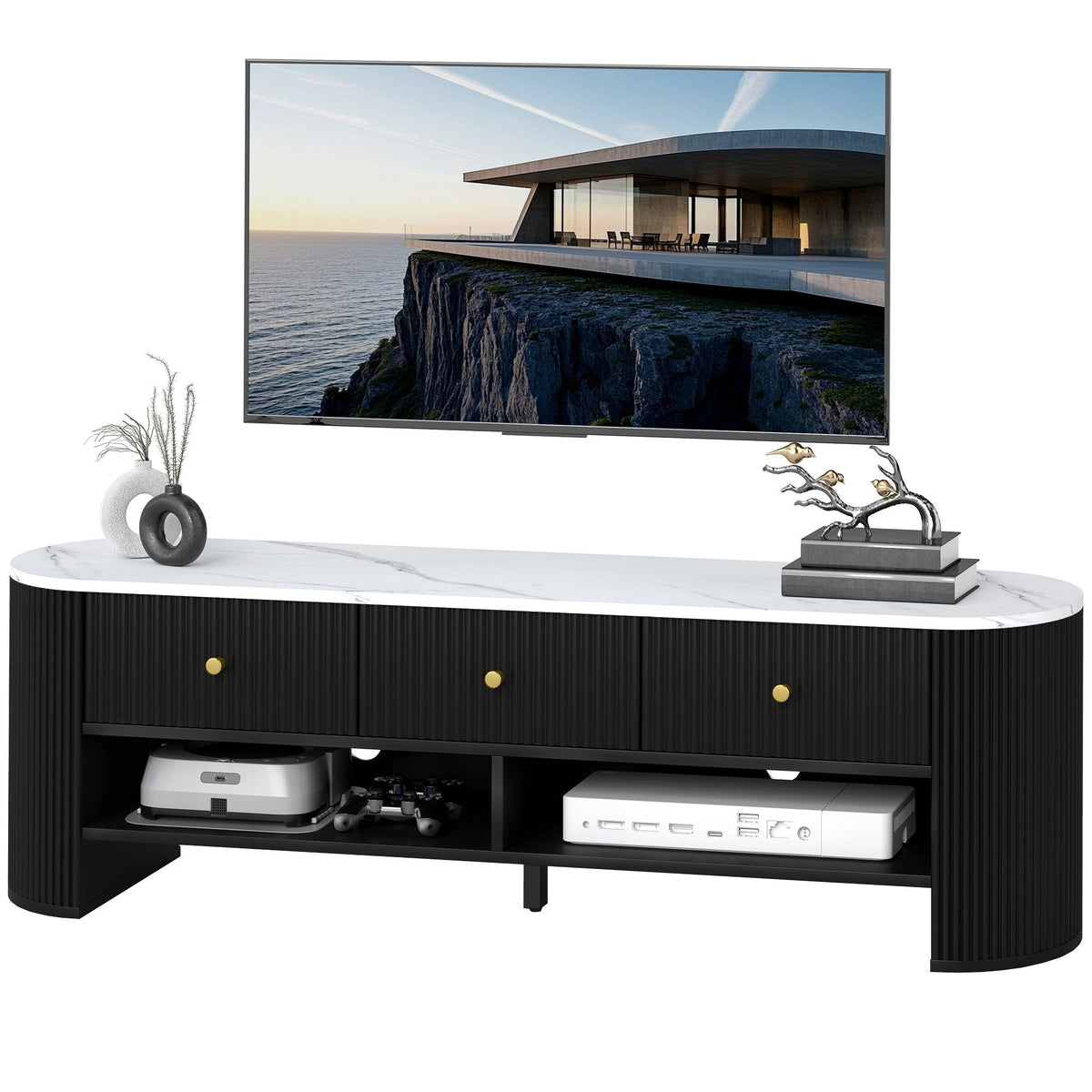 Marble-Effect TV Stand with 3 Drawers, Up to 65" - Black