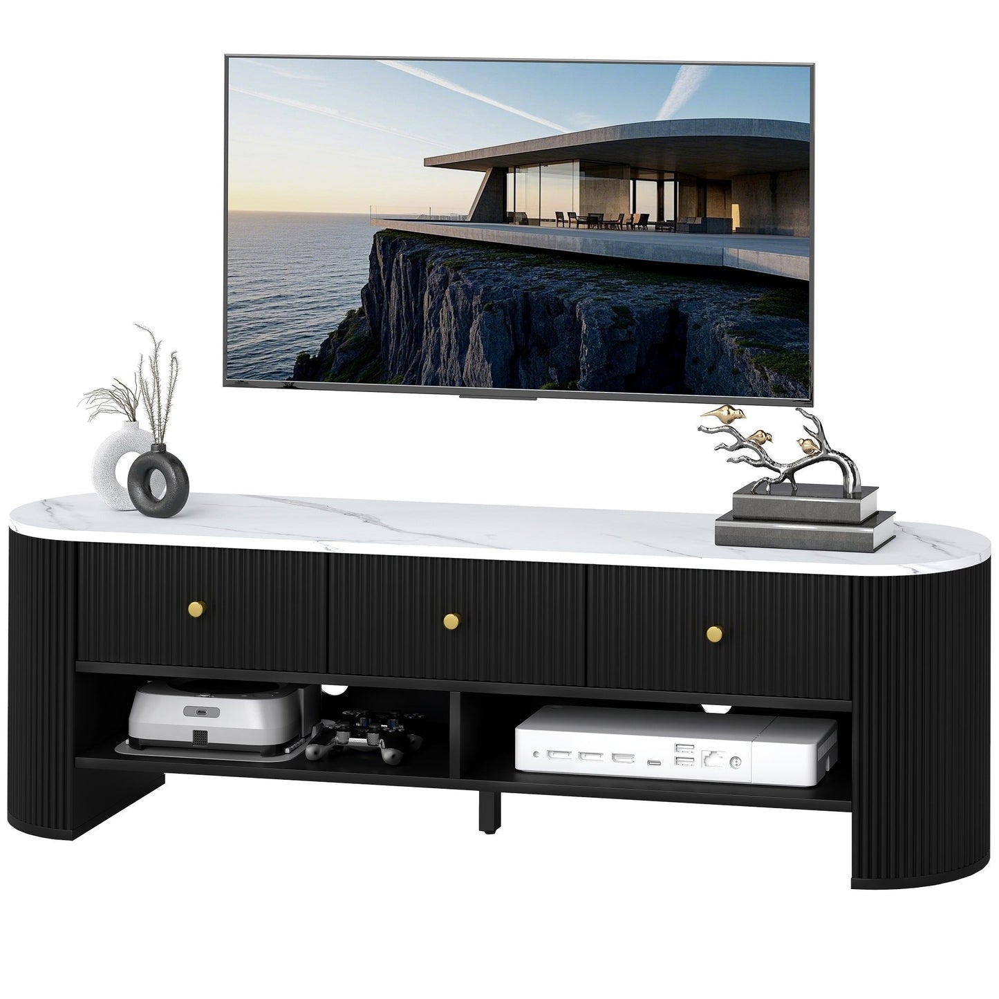 Marble-Effect TV Stand with 3 Drawers, Up to 65" - Black