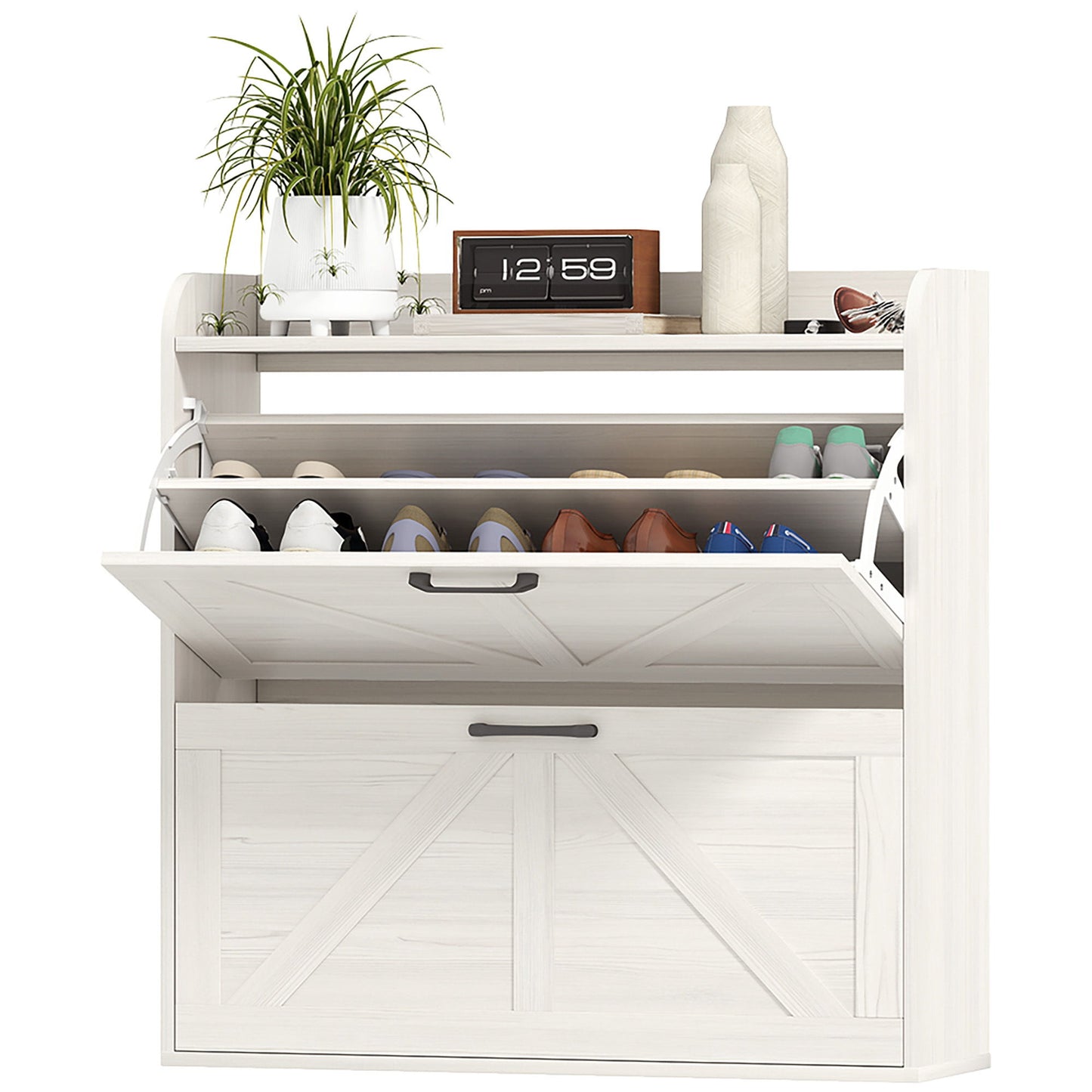 Narrow Shoe Storage Cabinet, Farmhouse Slim Shoe Cabinet with 2 Flip Drawers, Adjustable Shelves, White Oak