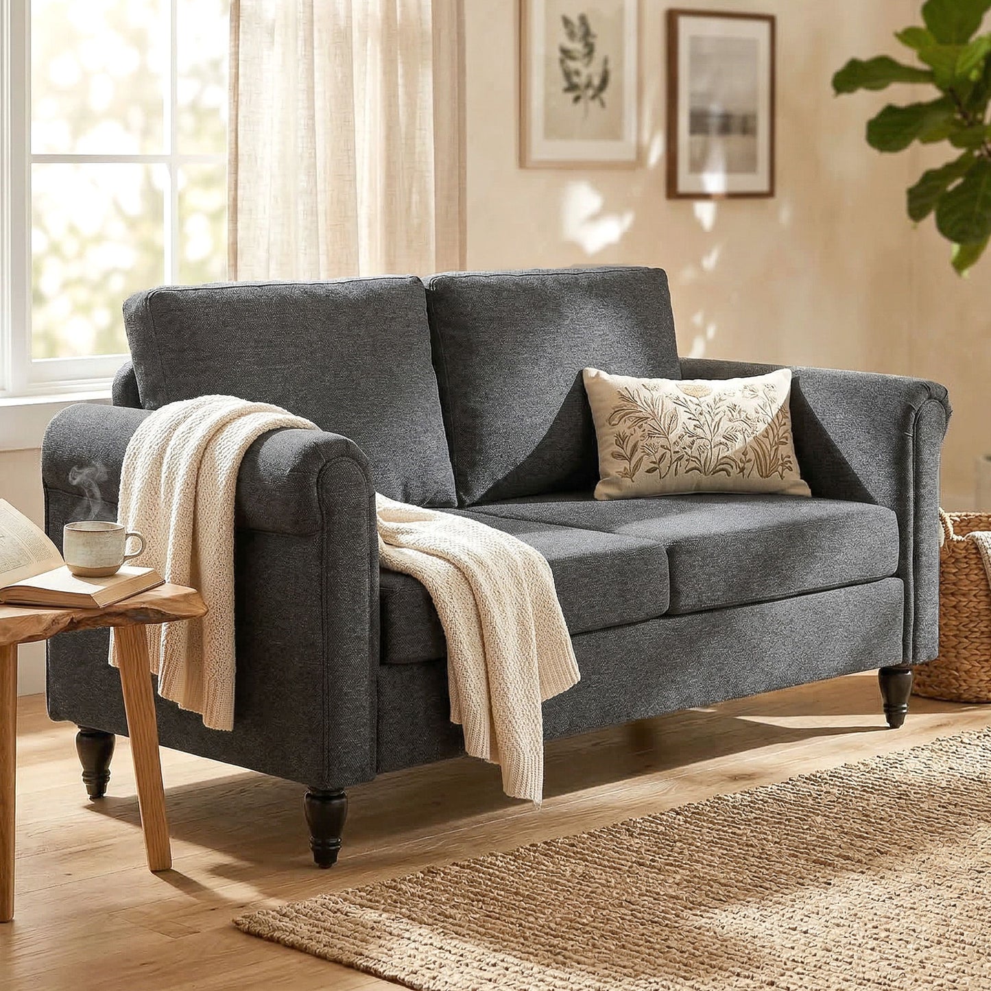 Vintage Loveseat, Upholstered Love Seat Furniture, Chenille-feel Fabric 2 Seater Sofa Couch with Rolled Arms, Gourd-Shaped Rubber Wood Legs for Living Room, Dark Grey